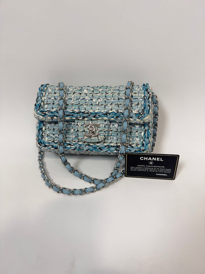 Chanel Quilted Metallic Tweed Mini Rectangular Flap Bag - Blue White Silver with authenticity card