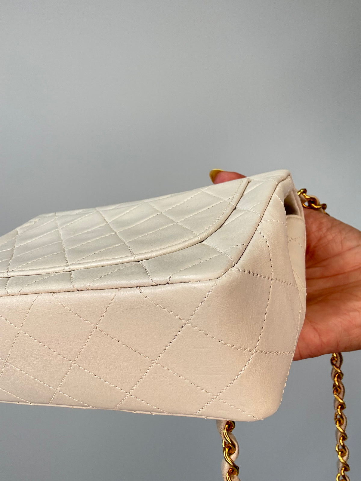 Chanel Quilted White Lambskin Mini Classic Square Flap Bag  back right bottom corner