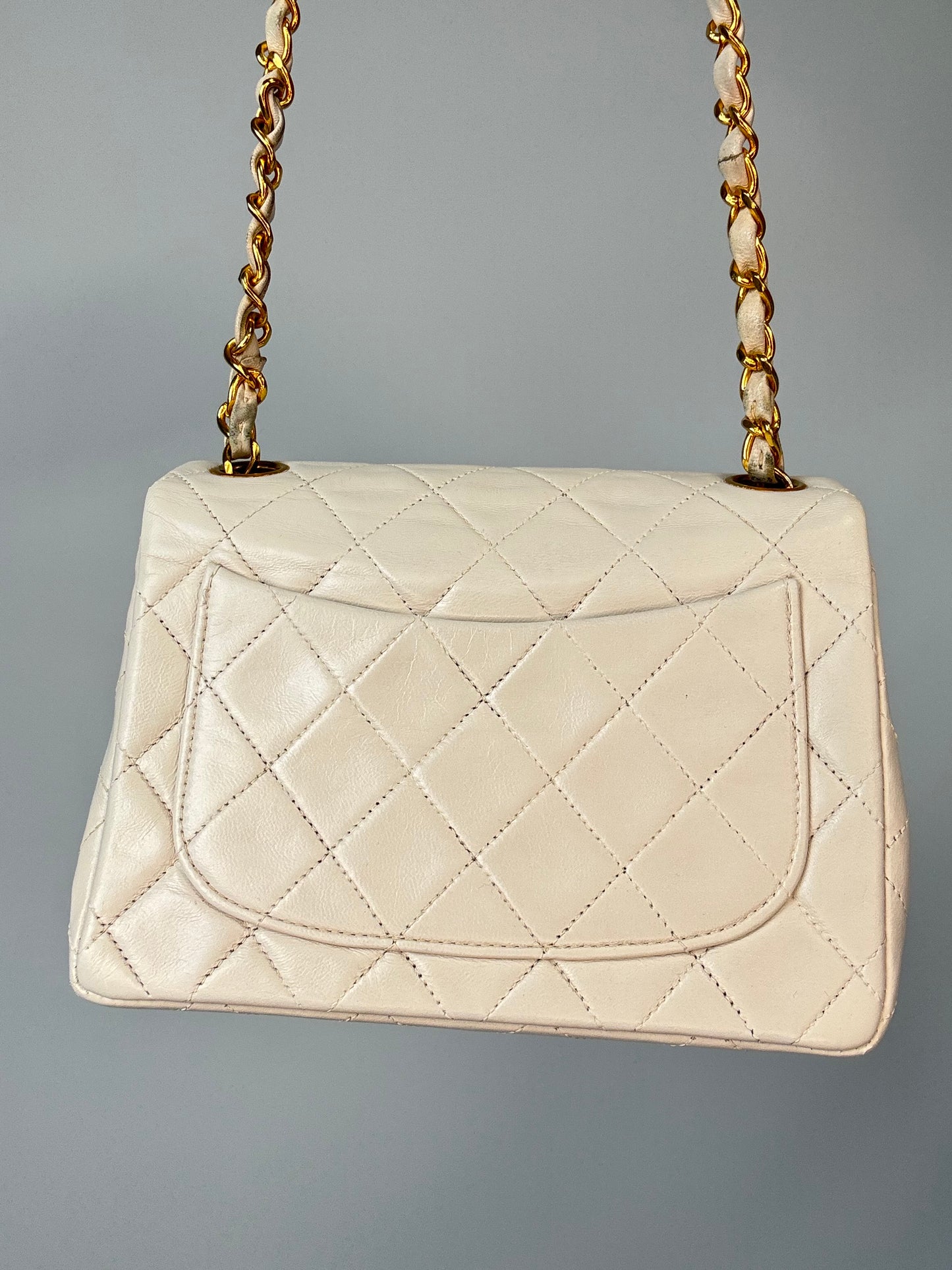 Chanel Quilted White Lambskin Mini Classic Square Flap Bag  back of handbag