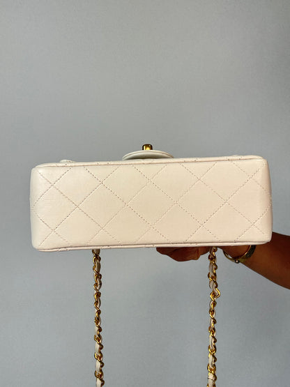 Chanel Quilted White Lambskin Mini Classic Square Flap Bag  bottom of handbag