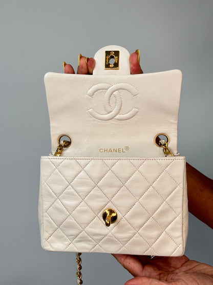 Chanel Quilted White Lambskin Mini Classic Square Flap Bag  flap interior