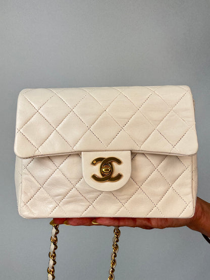 Chanel Quilted White Lambskin Mini Classic Square Flap Bag  front close-up 2