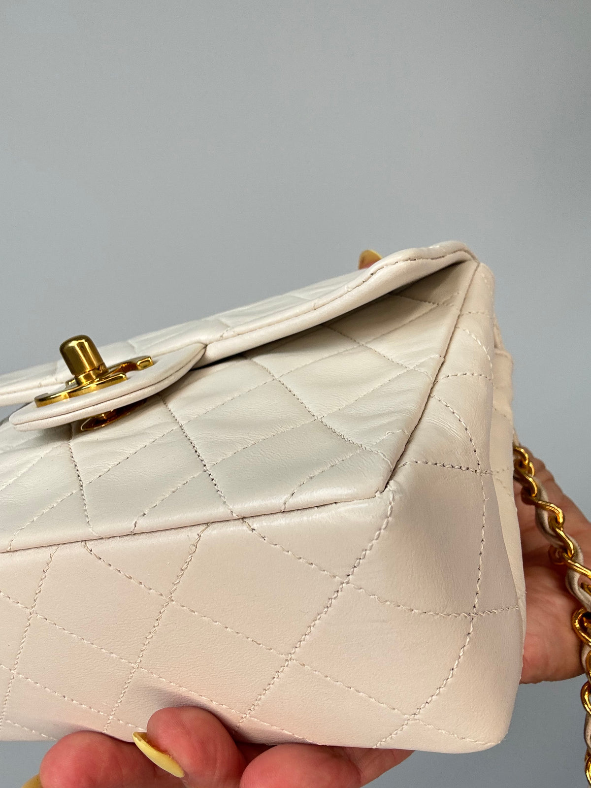 Chanel Quilted White Lambskin Mini Classic Square Flap Bag  front right bottom corner