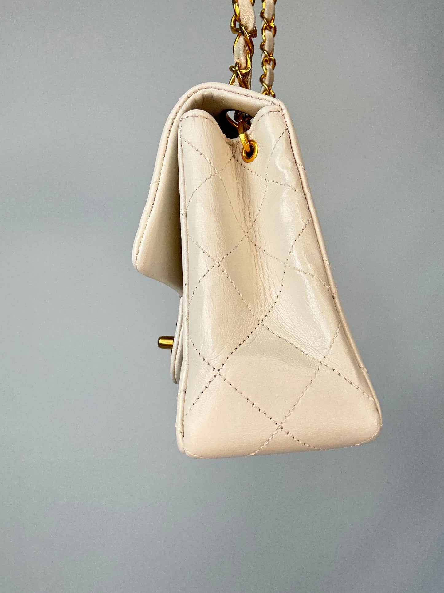 Chanel Quilted White Lambskin Mini Classic Square Flap Bag  right side