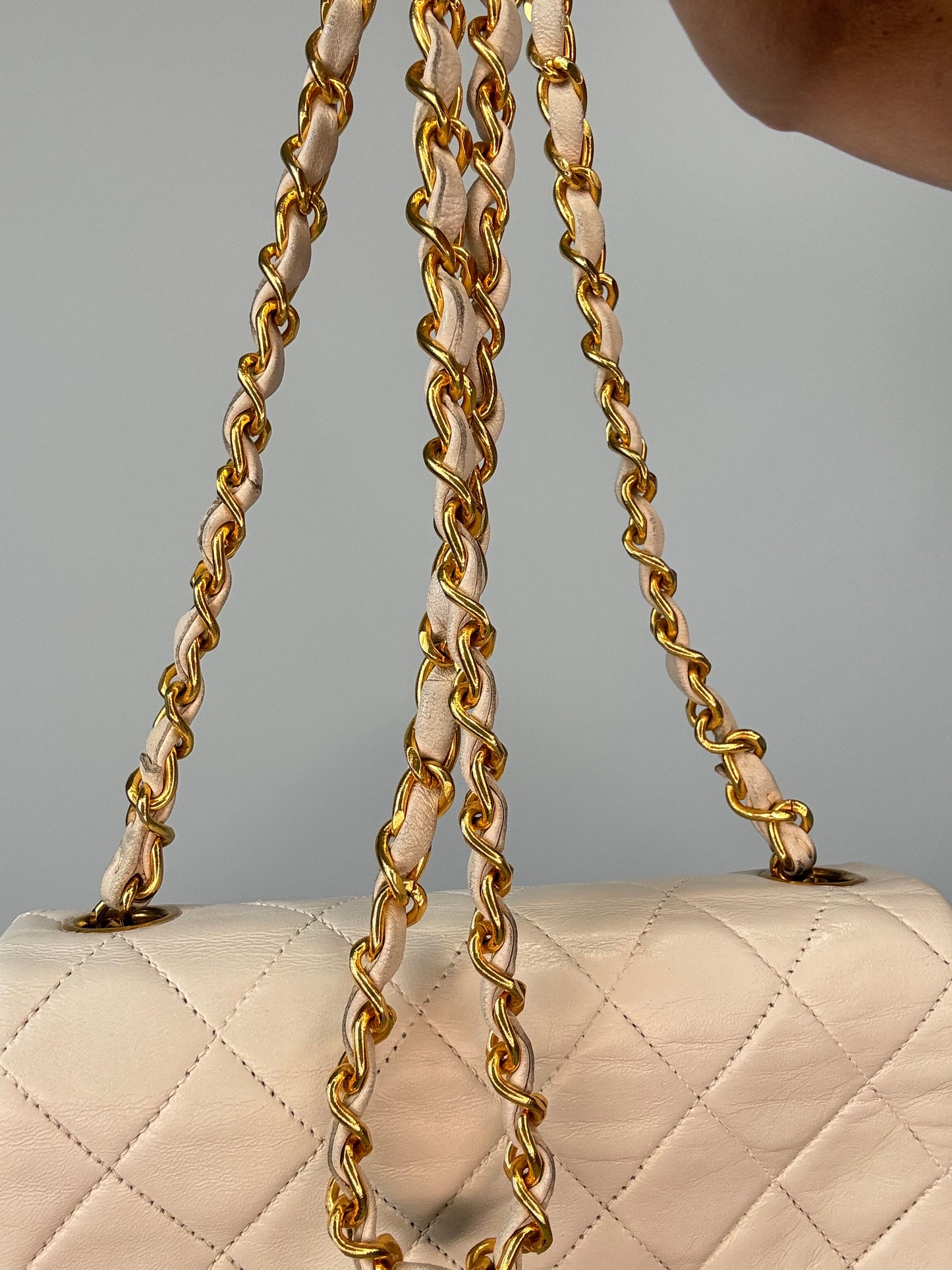Chanel Quilted White Lambskin Mini Classic Square Flap Bag  strap close up 3