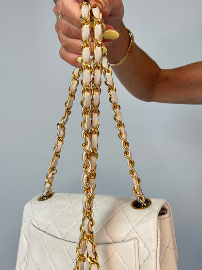 Chanel Quilted White Lambskin Mini Classic Square Flap Bag strap close up