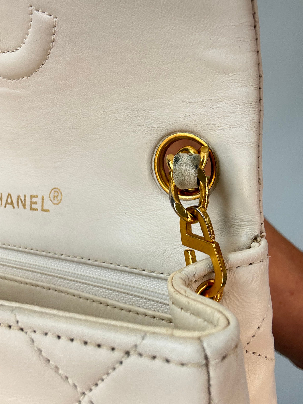 Chanel Quilted White Lambskin Mini Classic Square Flap Bag gold strap hardware right side