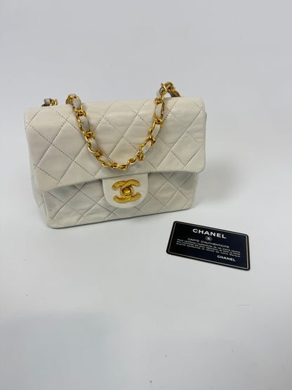 Chanel Quilted White Lambskin Mini Classic Square Flap Bag with Authenticity card