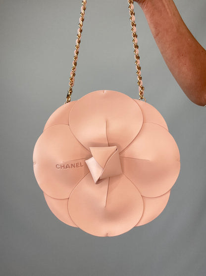 Chanel Runway Pink Leather Camellia Evening Bag Spring 2002 front closeup