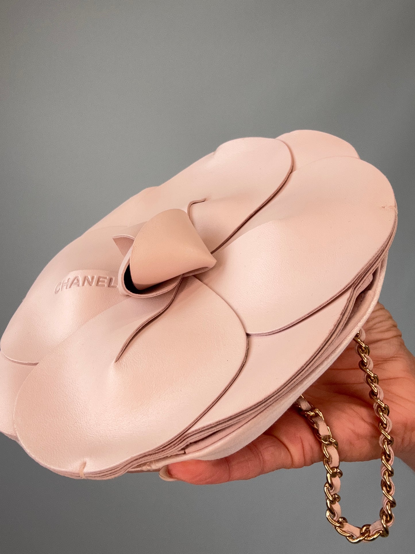 Chanel Runway Pink Leather Camellia Evening Bag Spring 2002 right side view