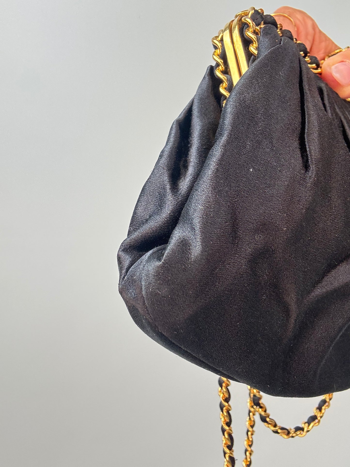 Chanel Satin Kiss Lock Shoulder Bag front left bottom corner