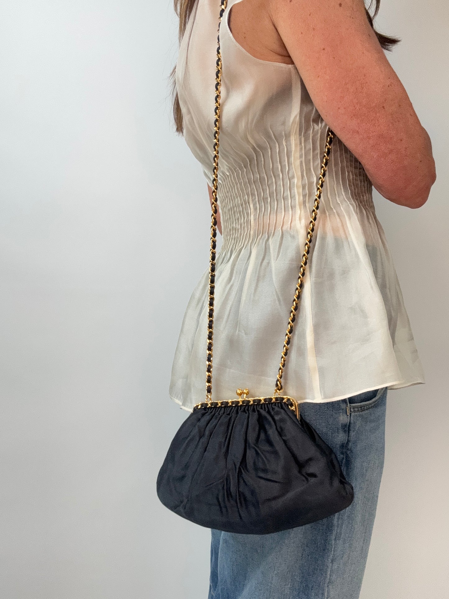 Chanel Satin Kiss Lock Shoulder Bag modeled 2