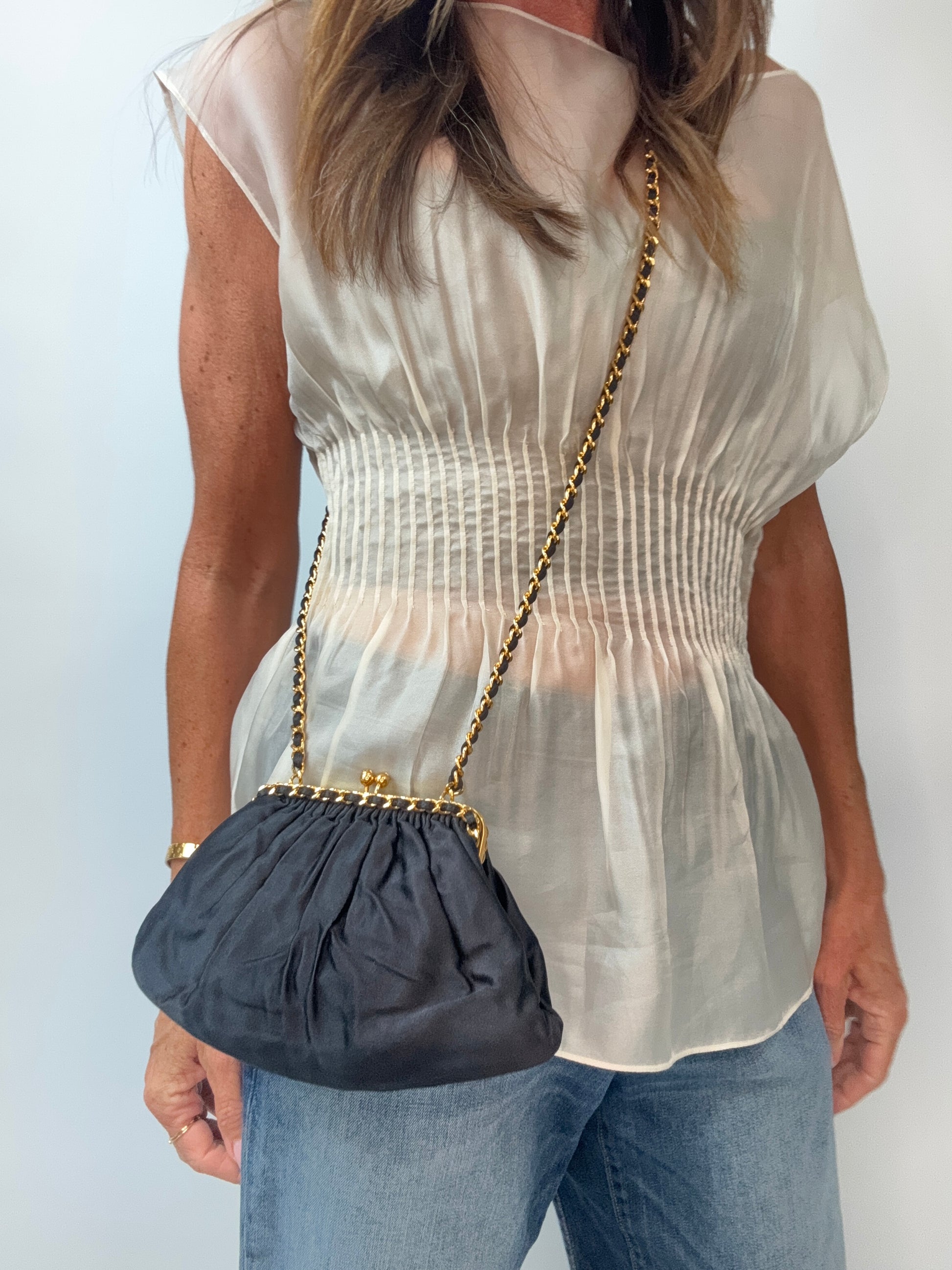 Chanel Satin Kiss Lock Shoulder Bag modeled