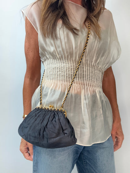 Chanel Satin Kiss Lock Shoulder Bag modeled