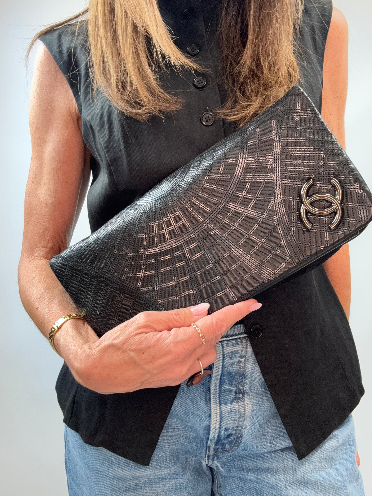 Chanel Sequin Grand Palais Clutch modeled 2