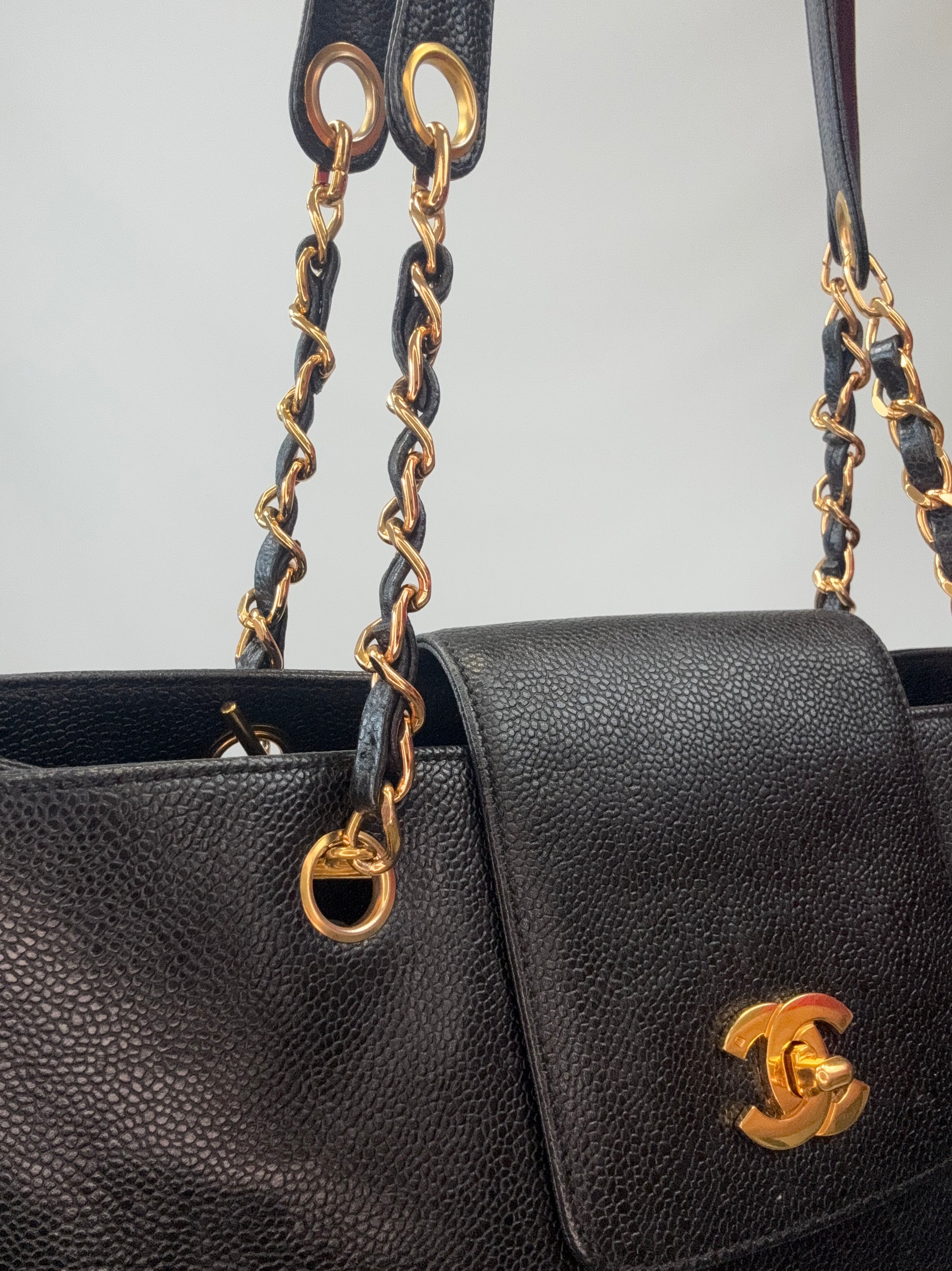 Chanel Supermodel Caviar Leather Tote - Black hardware and flap closeup
