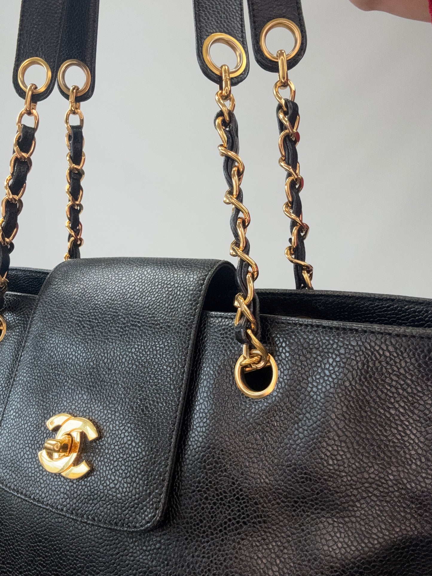 Chanel Supermodel Caviar Leather Tote - Black right side view of hardware and flap