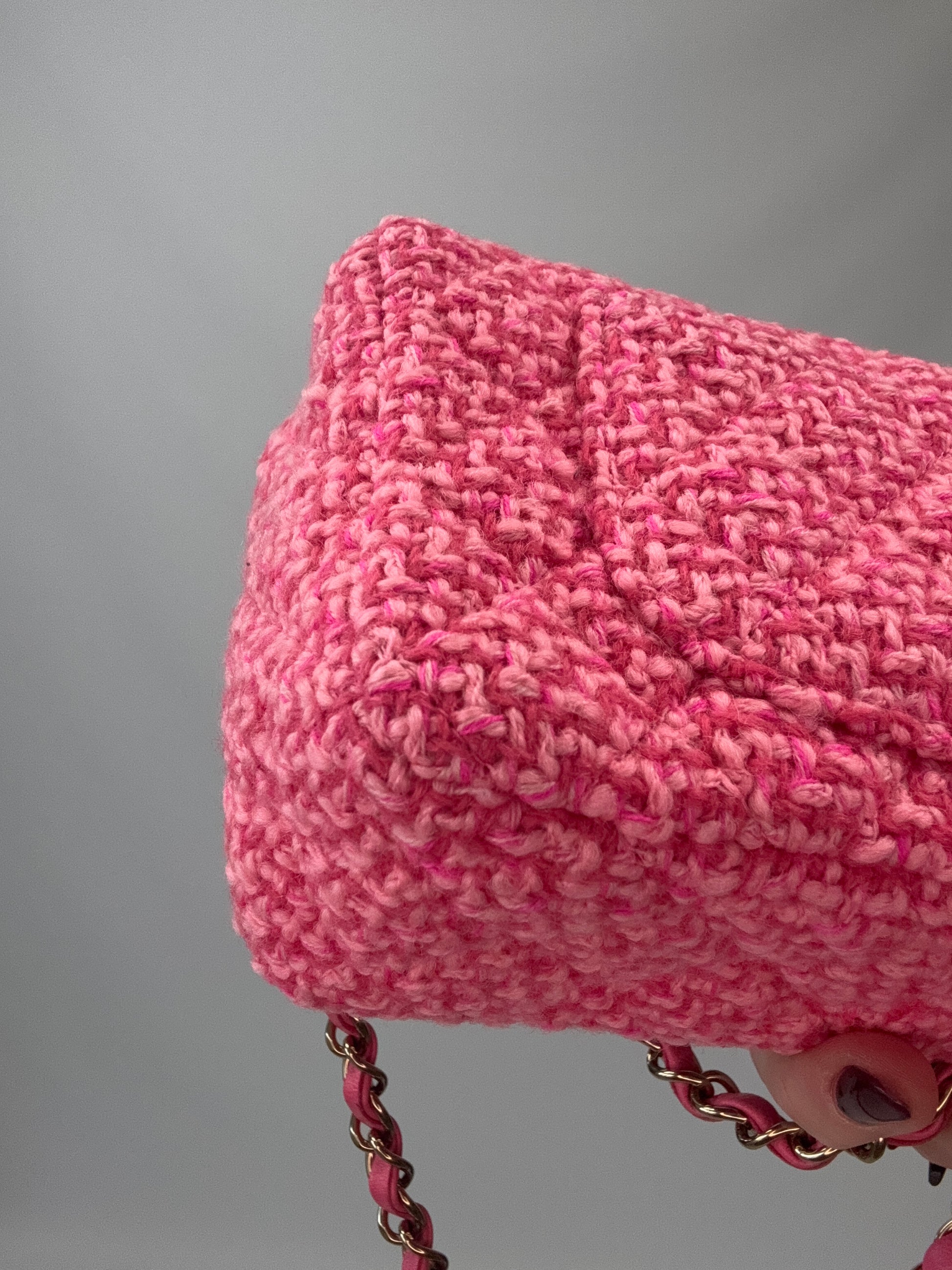 Chanel Tweed Quilted Mini Rectangular Flap Bag back left bottom corner