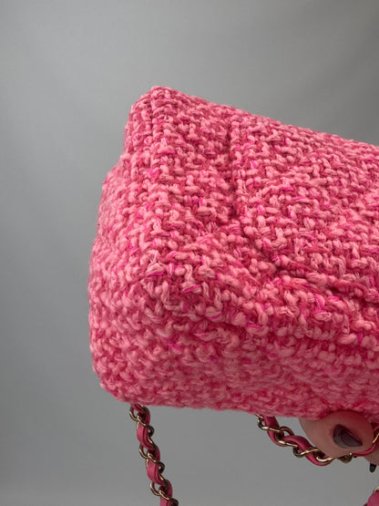 Chanel Tweed Quilted Mini Rectangular Flap Bag back left bottom corner