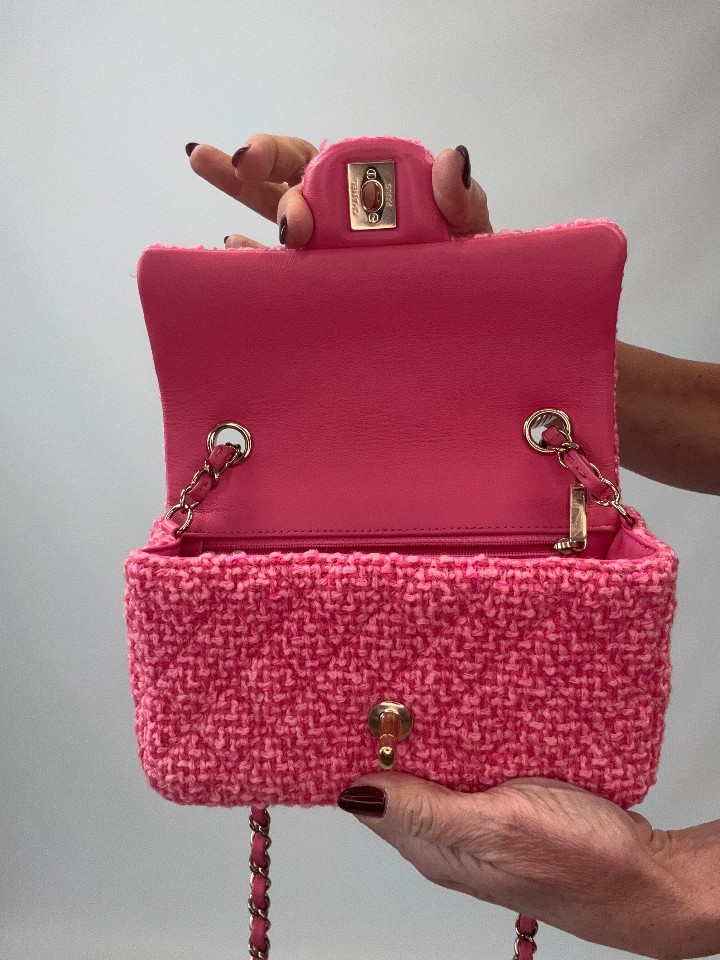 Chanel Tweed Quilted Mini Rectangular Flap Bag flap interior