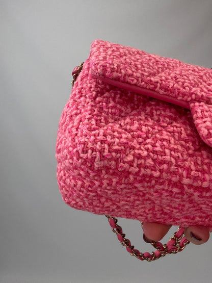 Chanel Tweed Quilted Mini Rectangular Flap Bag front left bottom corner