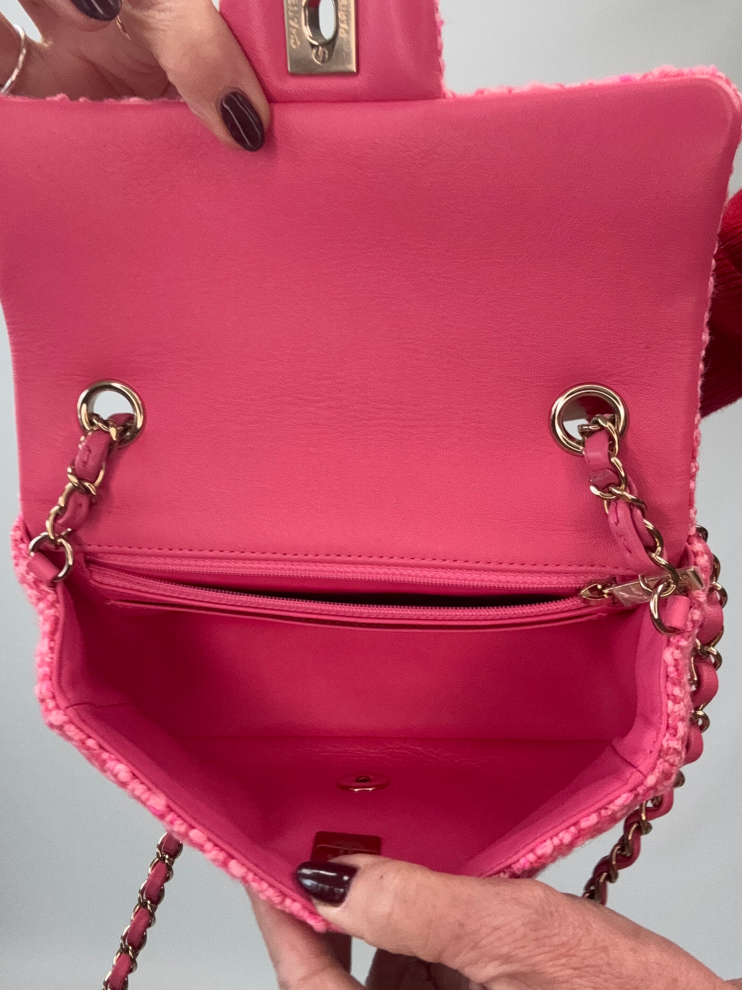 Chanel Tweed Quilted Mini Rectangular Flap Bag interior of handbag