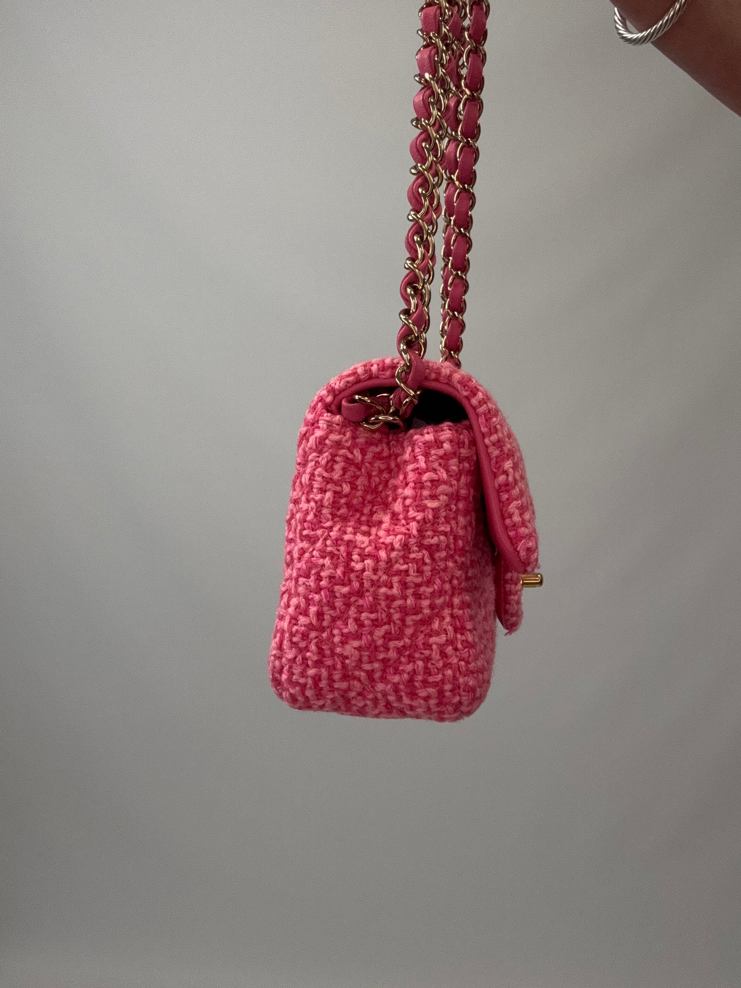 Chanel Tweed Quilted Mini Rectangular Flap Bag left side of handbag