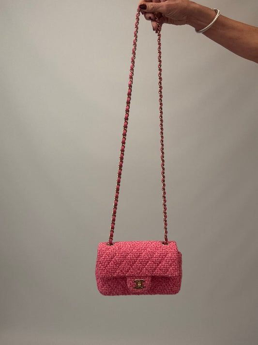 Chanel Tweed Quilted Mini Rectangular Flap Bag - Pink