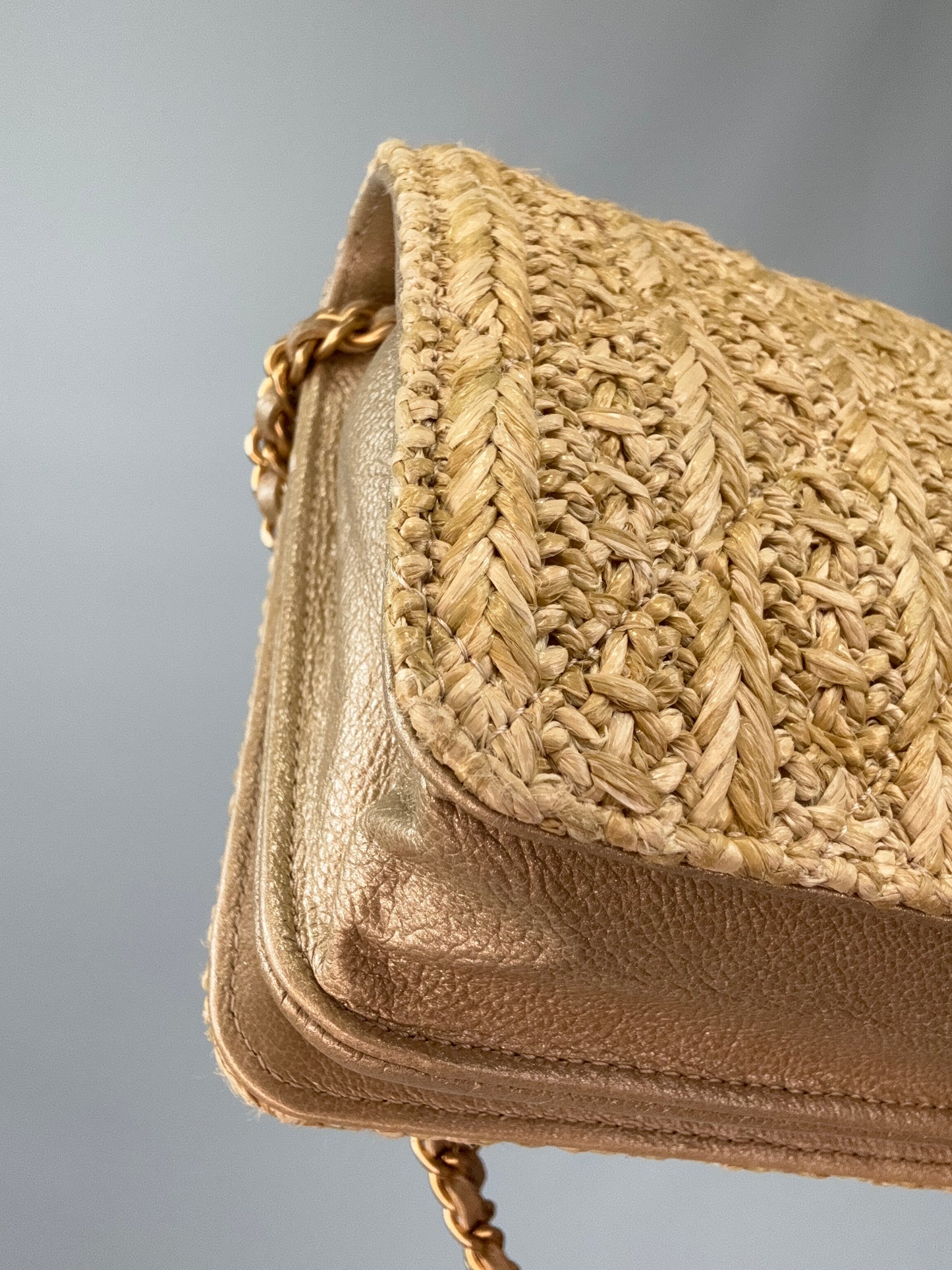 Chanel Woven Raffia Paris Athens Wallet On Chain back left bottom corner