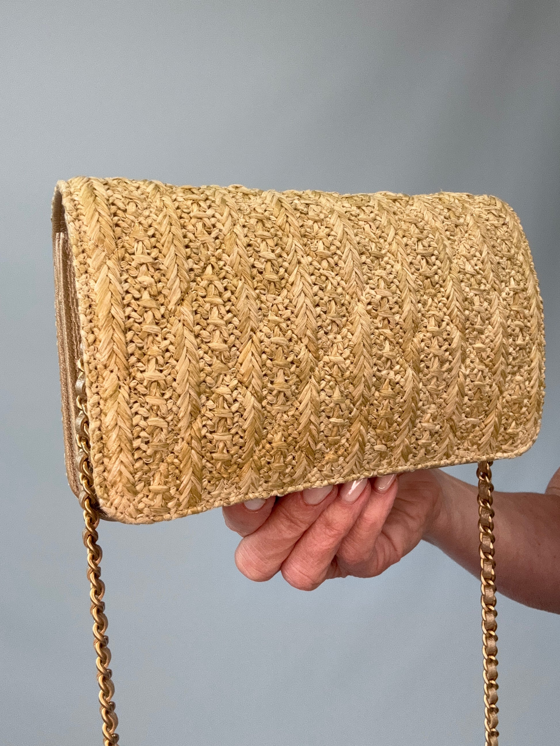 Chanel Woven Raffia Paris Athens Wallet On Chain back left side view