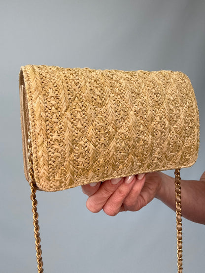 Chanel Woven Raffia Paris Athens Wallet On Chain back left side view