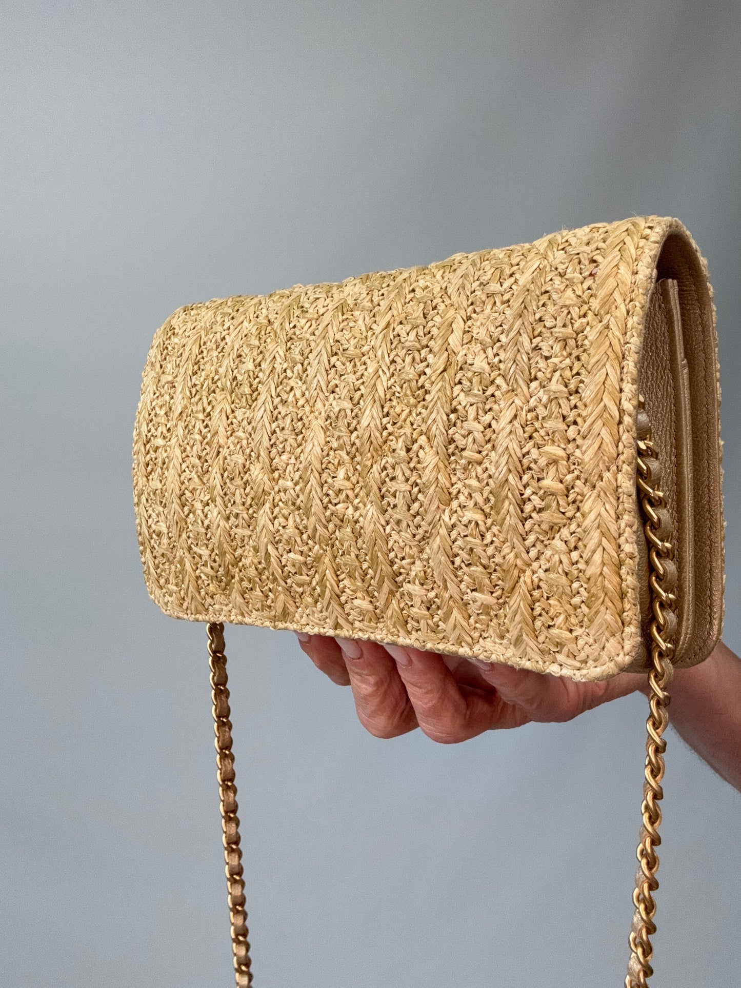 Chanel Woven Raffia Paris Athens Wallet On Chain back right side view
