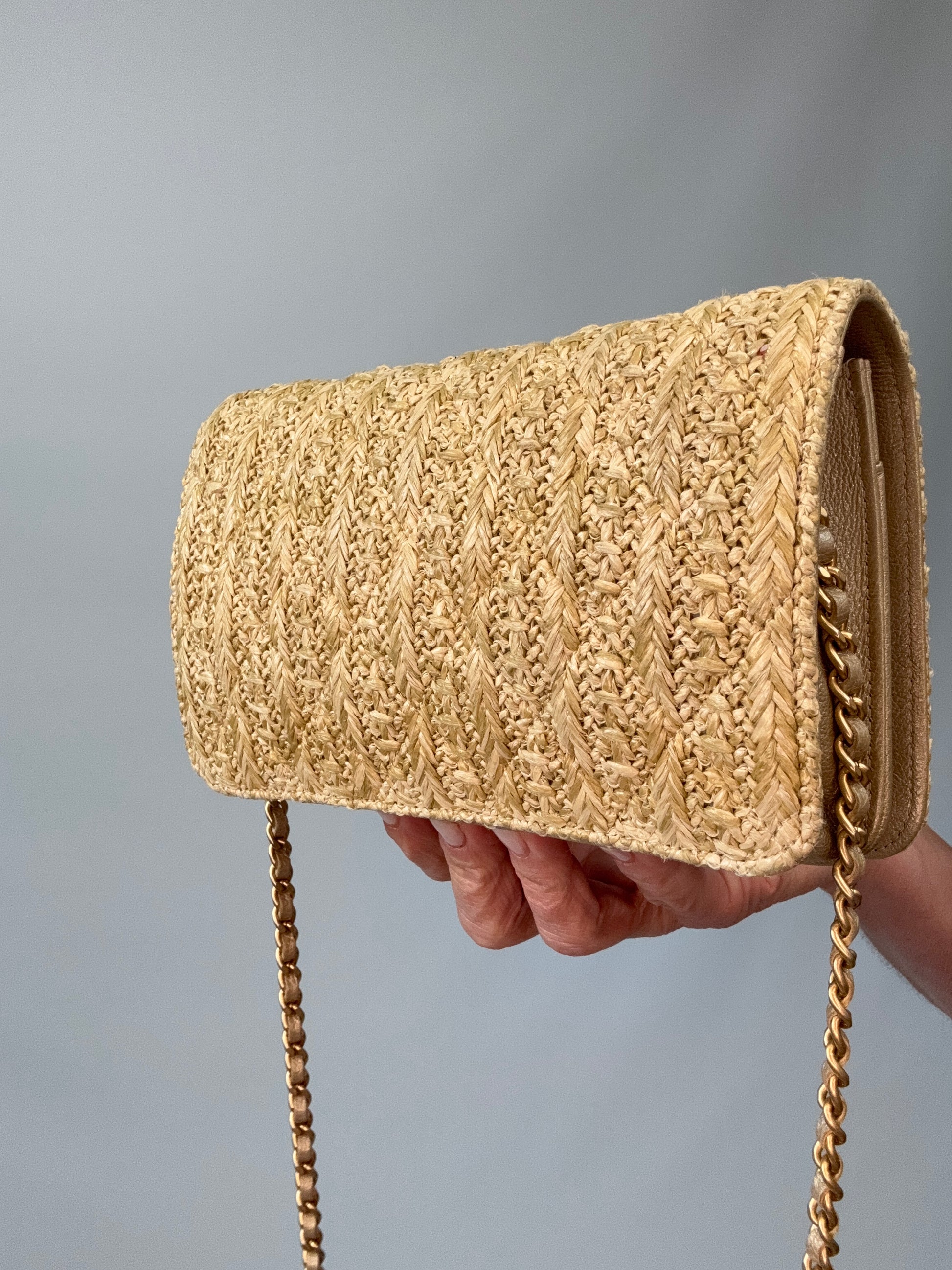 Chanel Woven Raffia Paris Athens Wallet On Chain back right side view