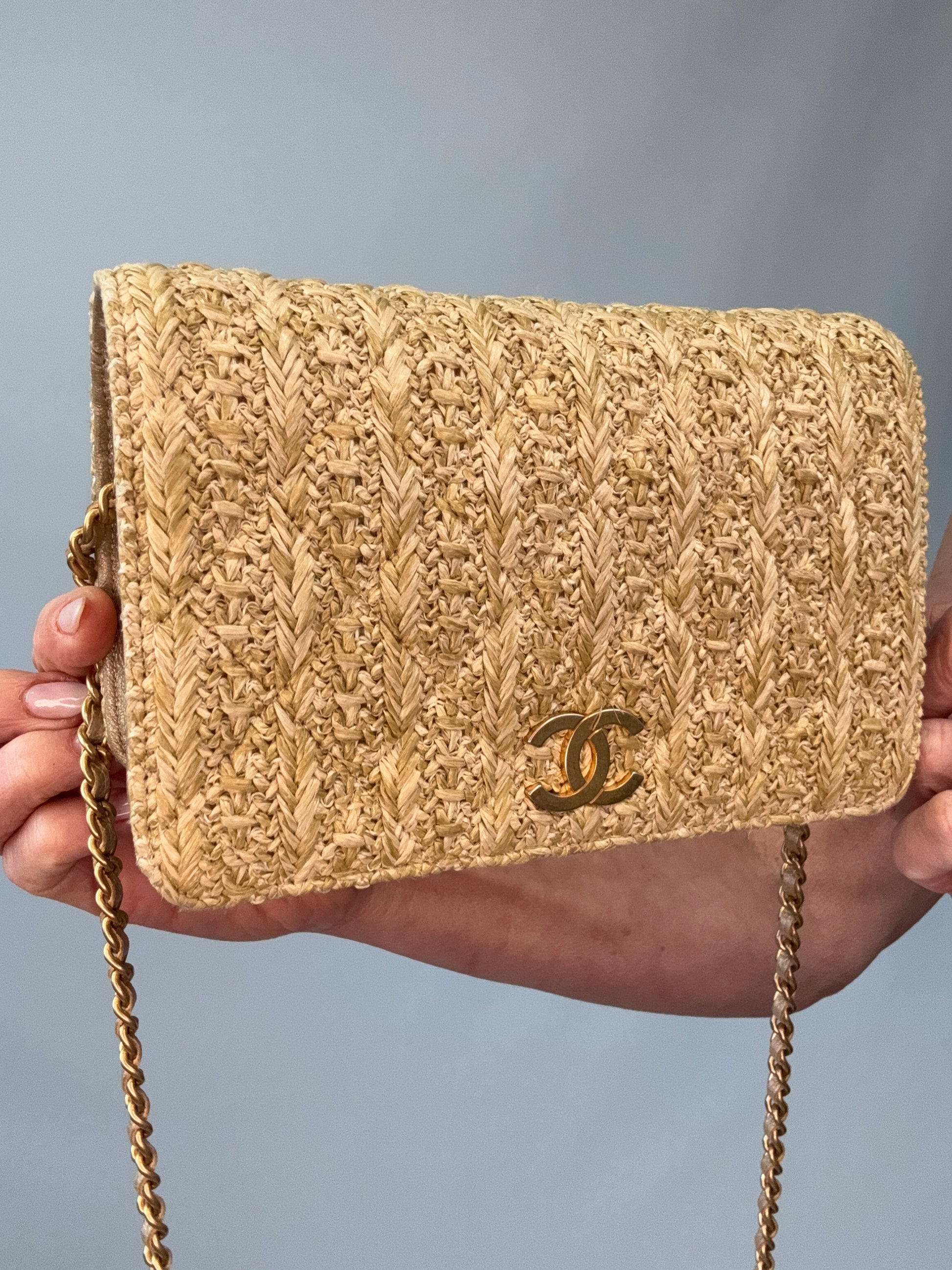 Chanel Woven Raffia Paris Athens Wallet On Chain front left side view