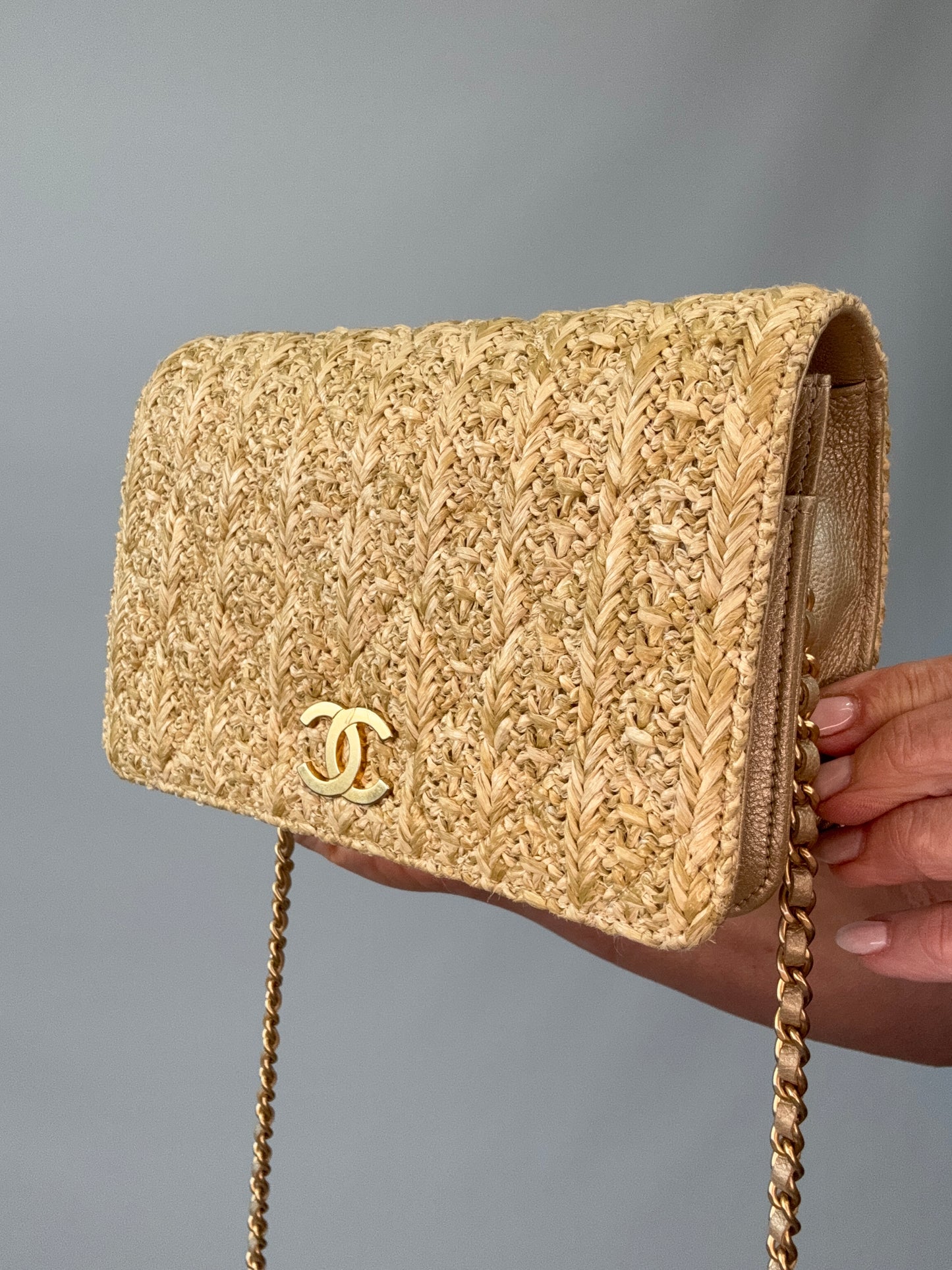 Chanel Woven Raffia Paris Athens Wallet On Chain front right side view