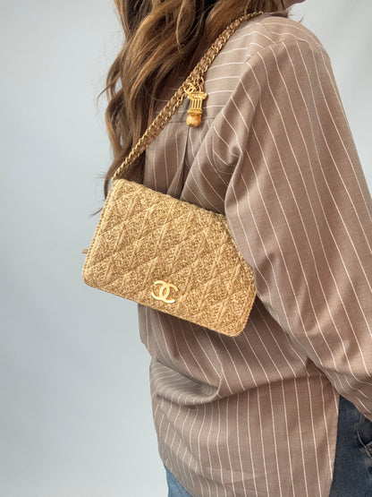 Chanel Woven Raffia Paris Athens Wallet On Chain modeled 2
