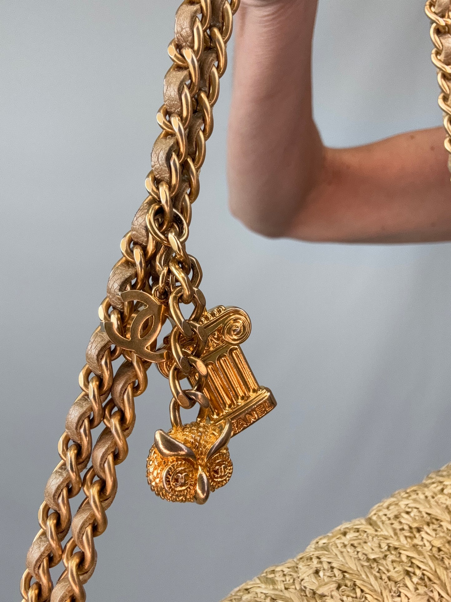 Chanel Woven Raffia Paris Athens Wallet On Chain charms on chain
