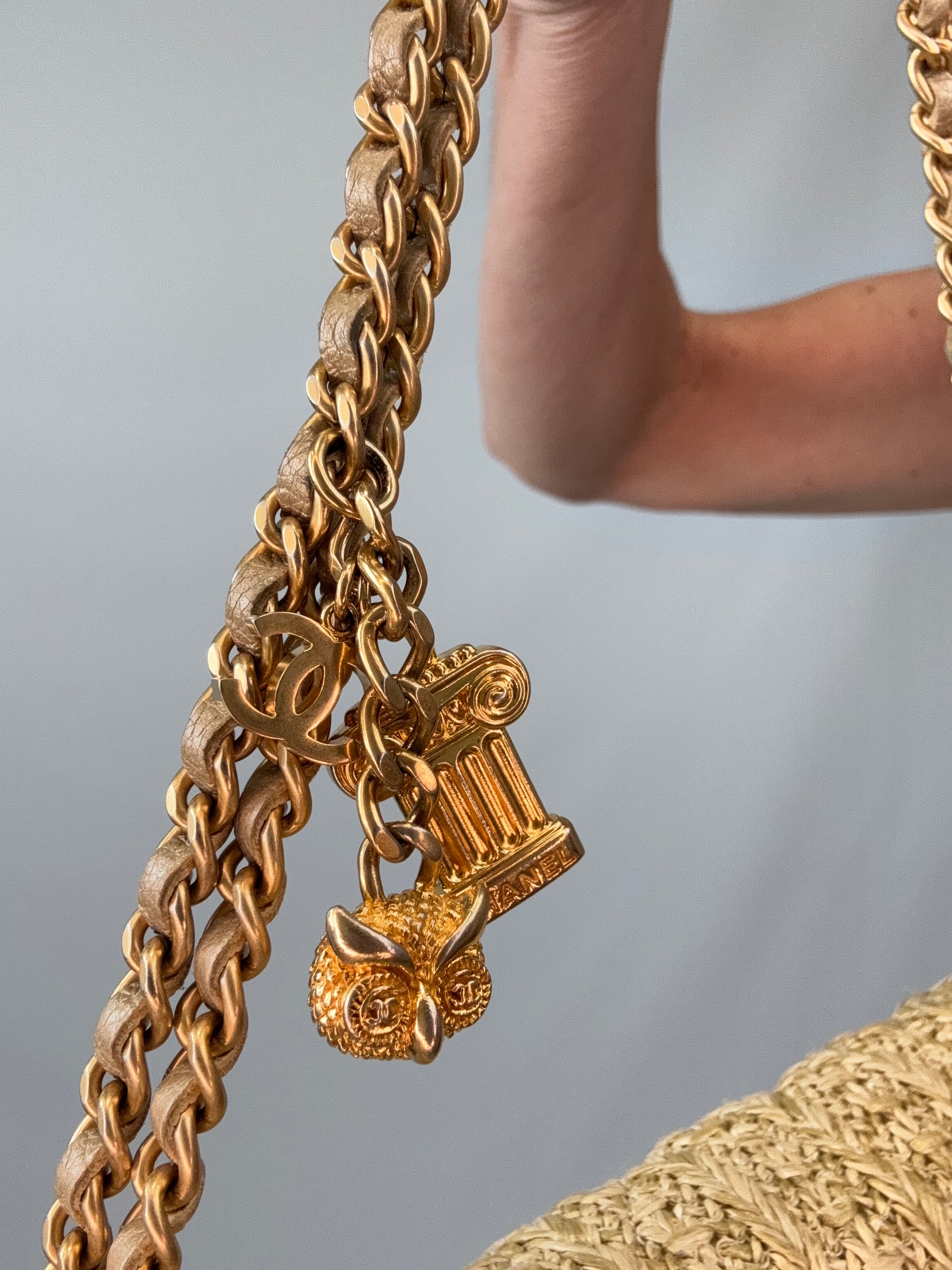 Chanel Woven Raffia Paris Athens Wallet On Chain charms on chain