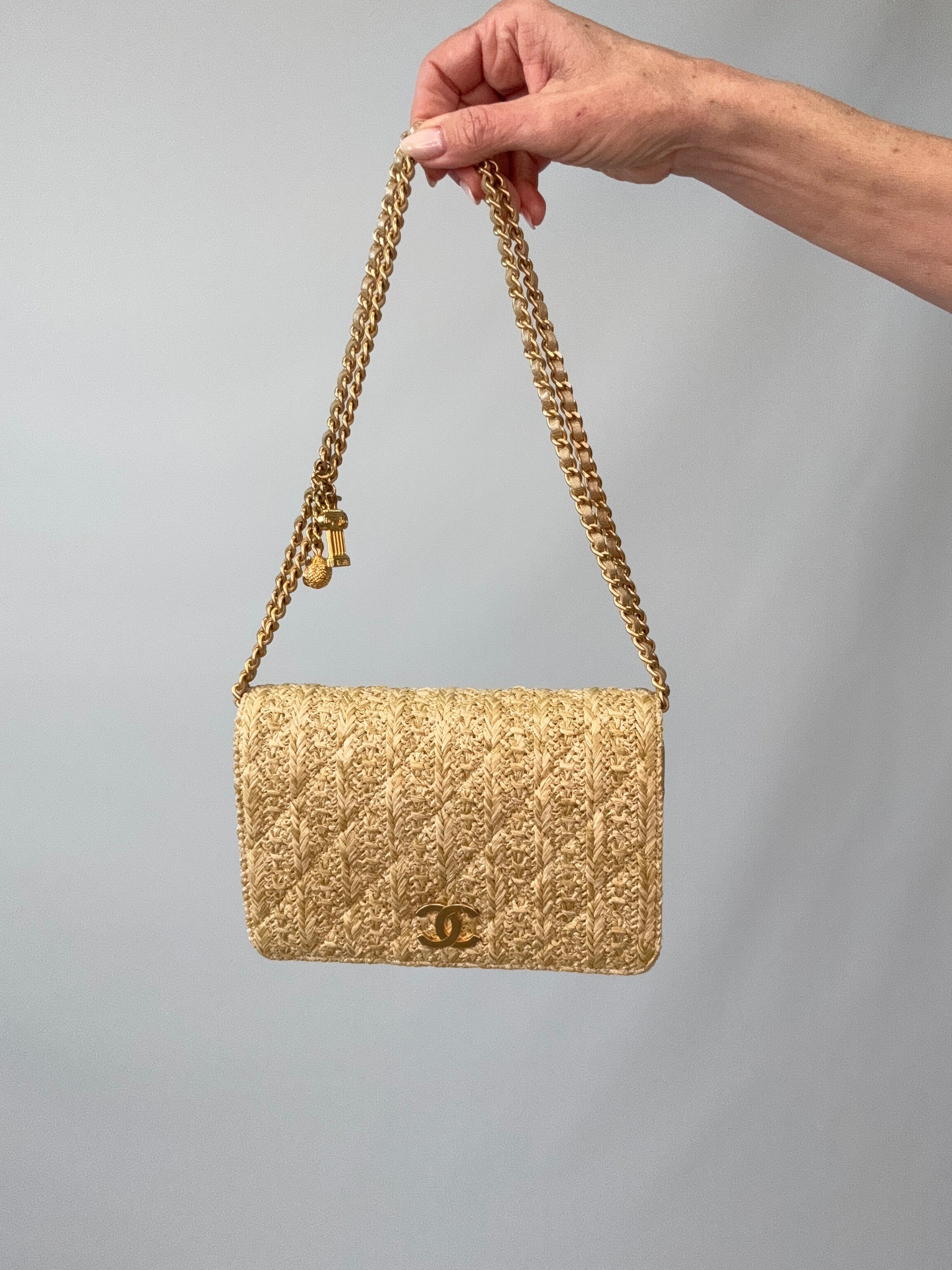 Chanel Woven Raffia Paris Athens Wallet On Chain with strap doubled