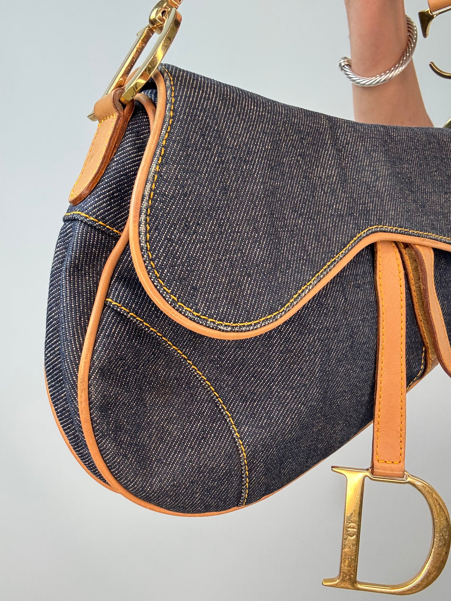 Christian Dior Denim Calfskin Saddle Bag front left side view