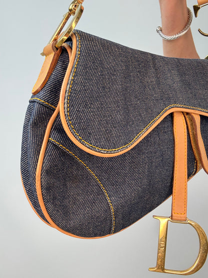 Christian Dior Denim Calfskin Saddle Bag front left side view