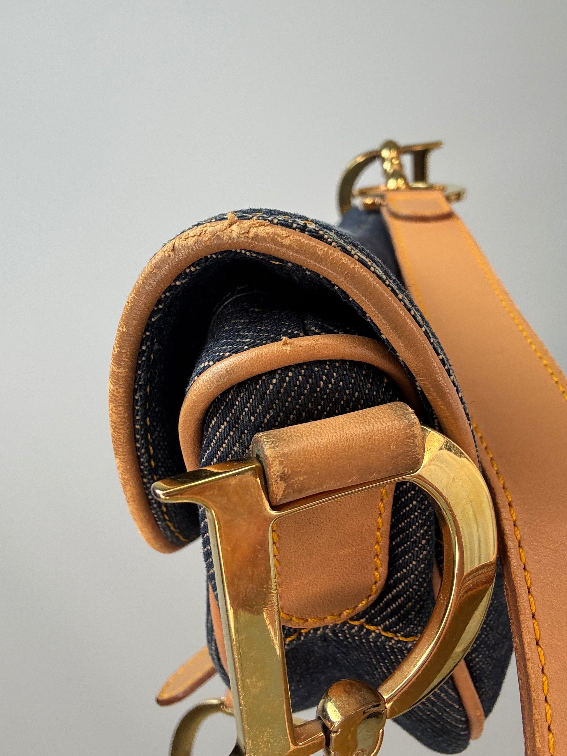 Christian Dior Denim Calfskin Saddle Bag leather wear on trim