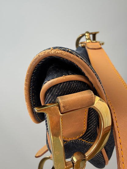 Christian Dior Denim Calfskin Saddle Bag leather wear on trim