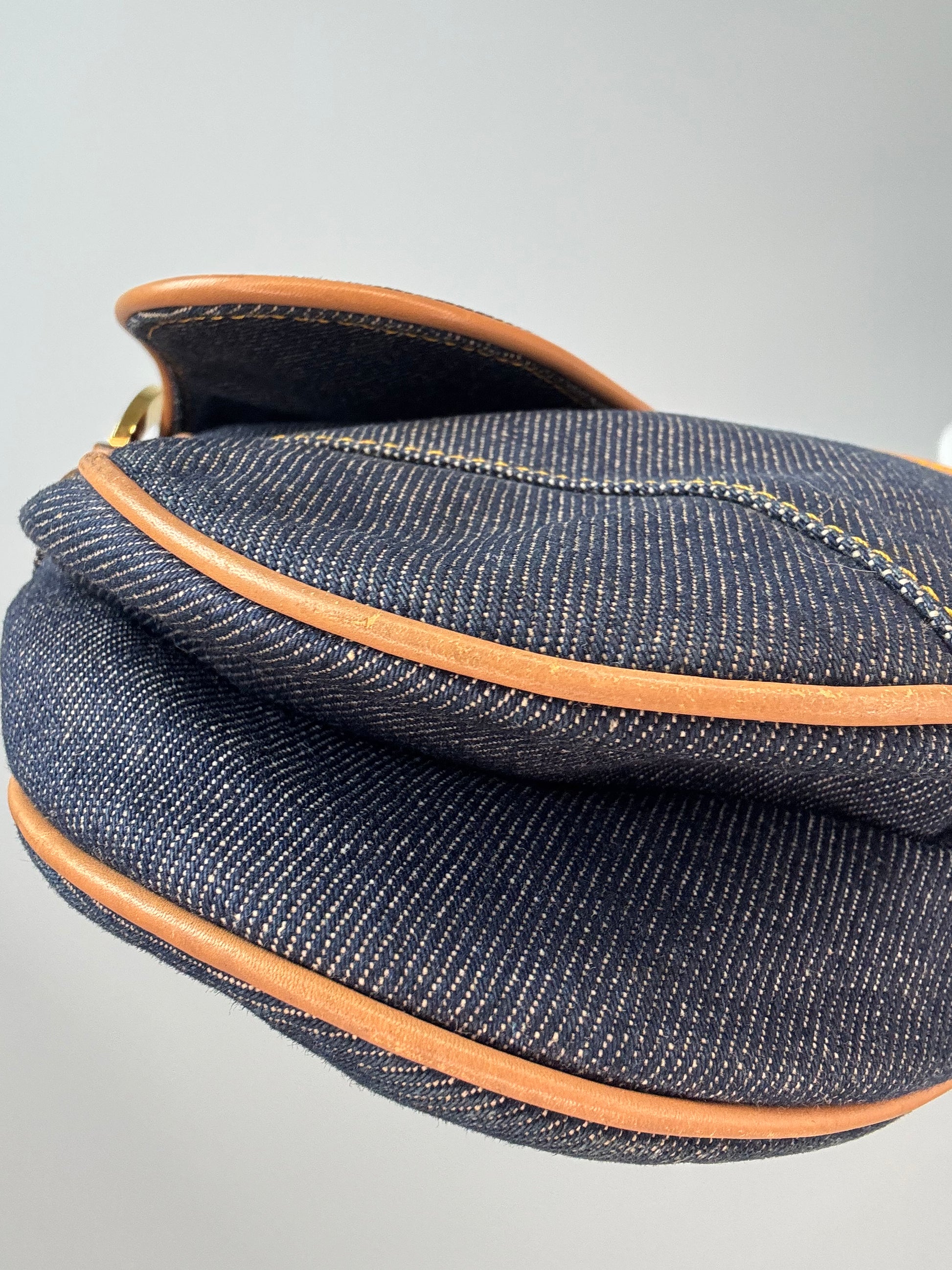 Christian Dior Denim Calfskin Saddle Bag front left bottom corner
