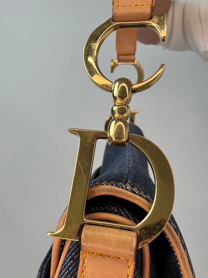 Christian Dior Denim Calfskin Saddle Bag logo hardware left side