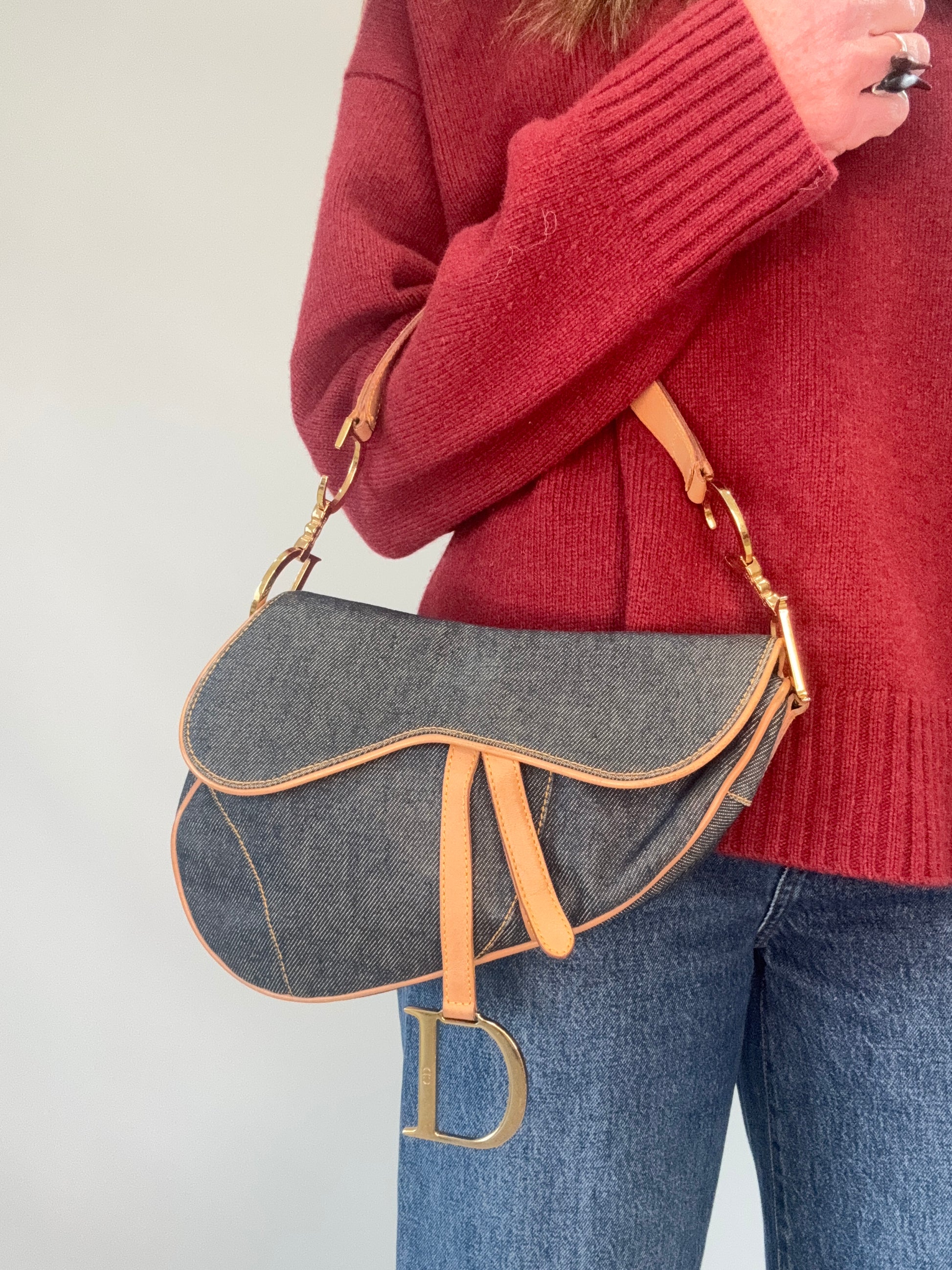Christian Dior Denim Calfskin Saddle Bag modeled 2