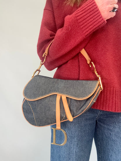 Christian Dior Denim Calfskin Saddle Bag modeled 2
