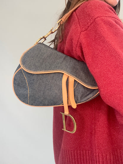 Christian Dior Denim Calfskin Saddle Bag modeled