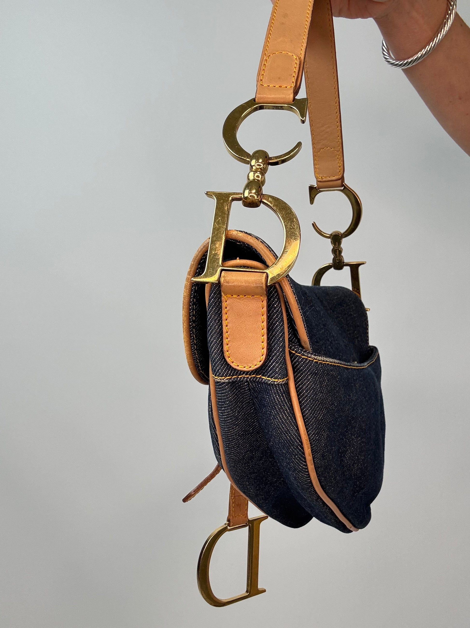 Christian Dior Denim Calfskin Saddle Bag right side with hardware