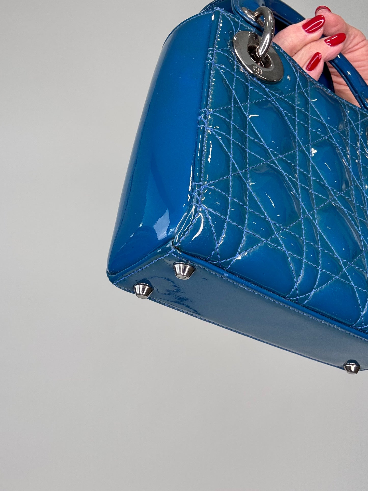 Christian Dior Mini Lady Cannage Patent Leather - Blue back left bottom corner